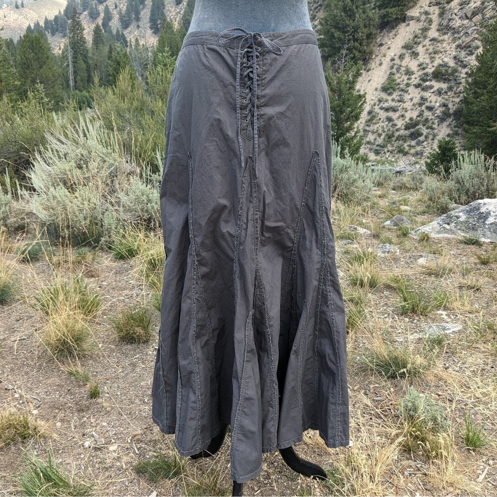 Cordelia Y2K Cotton Godet Maxi Skirt L Corset Lace Up Back Fairy Grunge Raw Edge